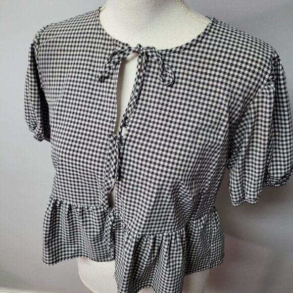 Wild Fable Tie Front Top Blouse Black White Checkered Womens Small Cropped - Picture 4 of 9